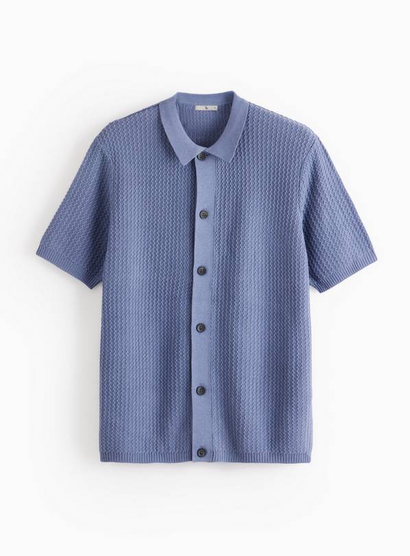 Blue Wave Stitch Button-Through Shirt  L
